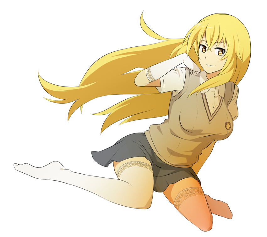 blonde_hair brown_eyes brown_sweater_vest commentary_request elbow_gloves female gloves jack-barro long_hair school_uniform shokuhou_misaki sitting solo sparkling_eyes summer_uniform sweater_vest thighhighs toaru_kagaku_no_railgun toaru_majutsu_no_index tokiwadai_school_uniform wariza