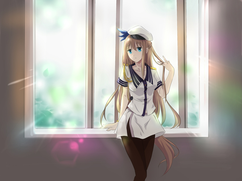 arm_support blonde_hair blue_eyes commentary_request female hat highres lexington_(warship_girls_r) long_hair pantyhose playing_with_own_hair short_sleeves solo suanjianyanchendianyushui uniform warship_girls_r window windowsill