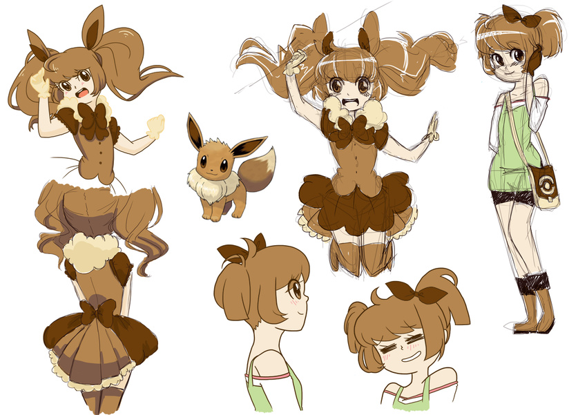 :d =_= bare_shoulders blush boots bow brown_eyes brown_hair commentary cosplay eevee eevee_(cosplay) eeveelution_project english_commentary female fur_trim gloves hair_ribbon hanakawa_ran jumping looking_at_viewer loony_bear magical_girl multiple_views open_mouth original parted_lips personification pokemon pokemon_(creature) pokemon_breeder_(pokemon) ribbon short_twintails simple_background skirt smile standing thighhighs twintails white_background zettai_ryouiki