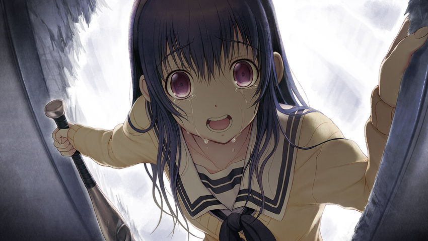 baseball_bat black_hair kimi_to_kanojo_to_kanojo_no_koi. purple_eyes seifuku sone_miyuki tears tsuji_santa