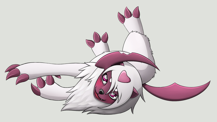 16:9 absol blush digital_media_(artwork) feral generation_3_pokemon grey_background happy heart_symbol hi_res lying male nintendo pokemon pokemon_(species) purple_eyes shiny_pokemon shol simple_background solo widescreen zeonart