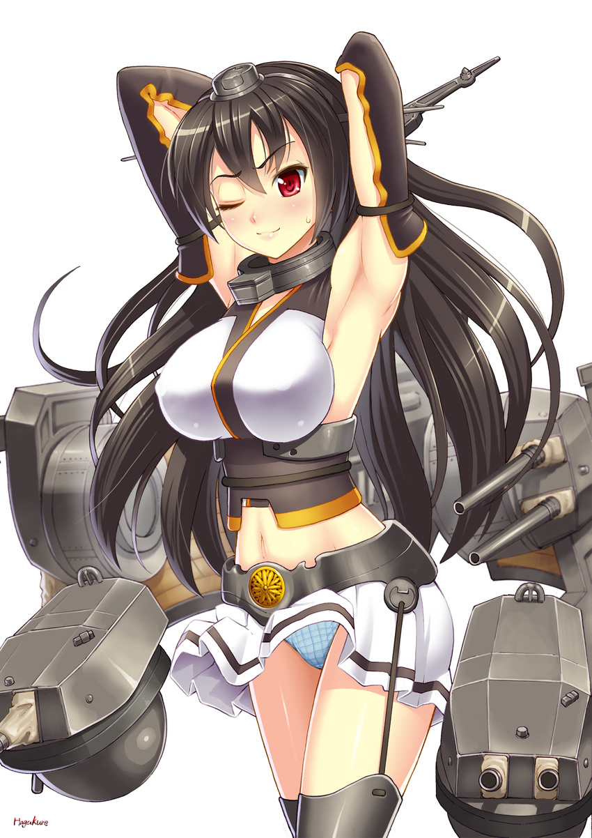 artist_name bare_shoulders black_hair breasts commentary_request crop_top elbow_gloves female gloves hair_ornament headgear highres kantai_collection large_breasts long_hair midriff miniskirt nagato_(kancolle) navel number10_(hagakure) one_eye_closed panties pantyshot photoshop_(medium) red_eyes skirt solo standing sweatdrop thighhighs underwear white_background