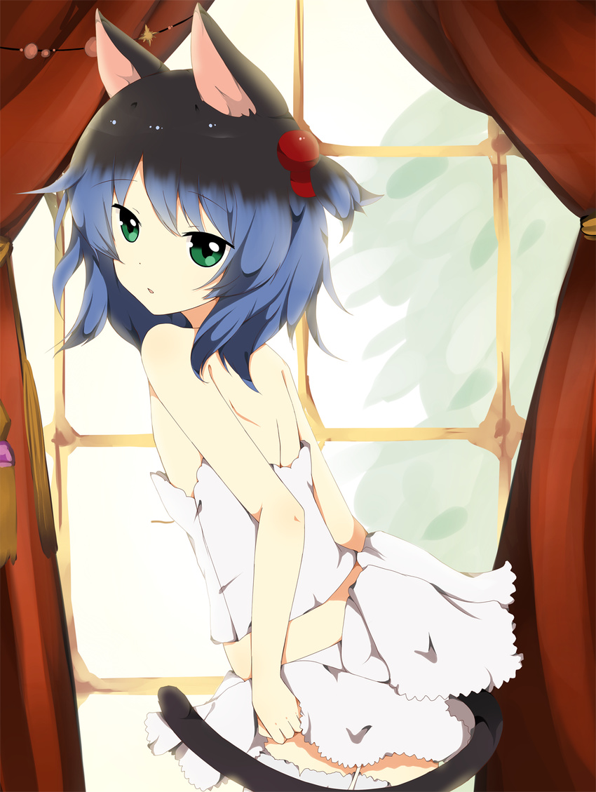 1boy animal_ears bad_id bad_pixiv_id black_hair blue_hair cat_ears cat_tail from_behind gradient_hair green_eyes hair_bobbles hair_ornament highres kiki_(tsunya) lingerie looking_at_viewer looking_back male_focus multicolored_hair otoko_no_ko ryoune_yami short_hair solo tail thighhighs underwear undressing utau