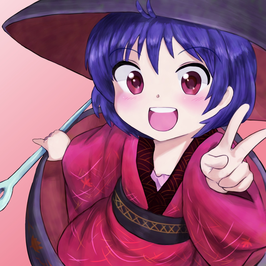 blue_hair blush bowl bowl_hat commentary_request female hat highres holding holding_needle in_bowl in_container japanese_clothes kimono looking_at_viewer mini_person minigirl needle niala obi open_mouth pink_background red_eyes red_kimono sash short_hair simple_background solo sukuna_shinmyoumaru touhou v