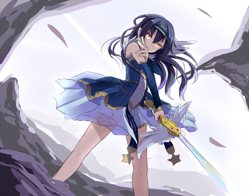 arm_warmers bare_legs blue_hair commentary_request dress female hairband hand_on_own_shoulder head_wings looking_at_viewer love_live! love_live!_school_idol_project shipii_(jigglypuff) single_head_wing solo sonoda_umi sword weapon winged_hairband winged_sword wings yellow_eyes