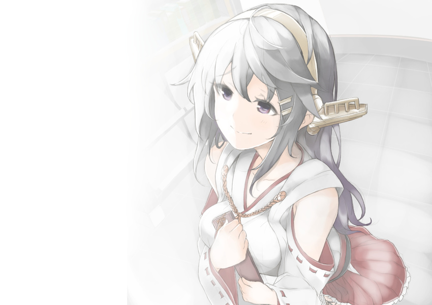 bare_shoulders black_hair box commentary_request detached_sleeves female gift gift_box hair_ornament hairband hairclip haruna_(kancolle) highres kantai_collection light long_hair morodashi nontraditional_miko purple_eyes ribbon-trimmed_sleeves ribbon_trim skirt smile solo white_day