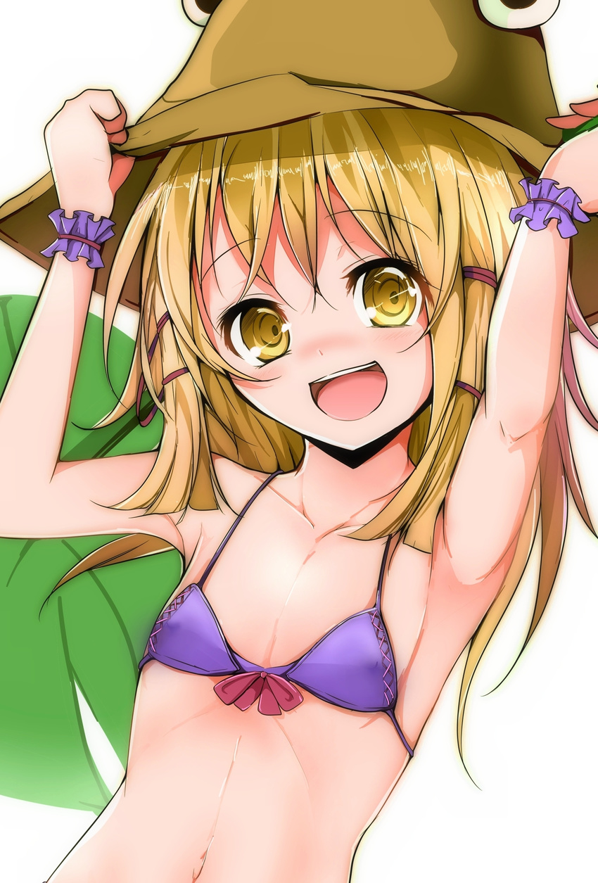 armpits arms_up backlighting bad_id bad_pixiv_id bikini blonde_hair collarbone female flat_chest hair_ribbon hat highres leaf_umbrella long_hair looking_at_viewer moriya_suwako navel open_mouth purple_bikini revision ribbon smile solo swimsuit touhou velia wrist_cuffs yellow_eyes