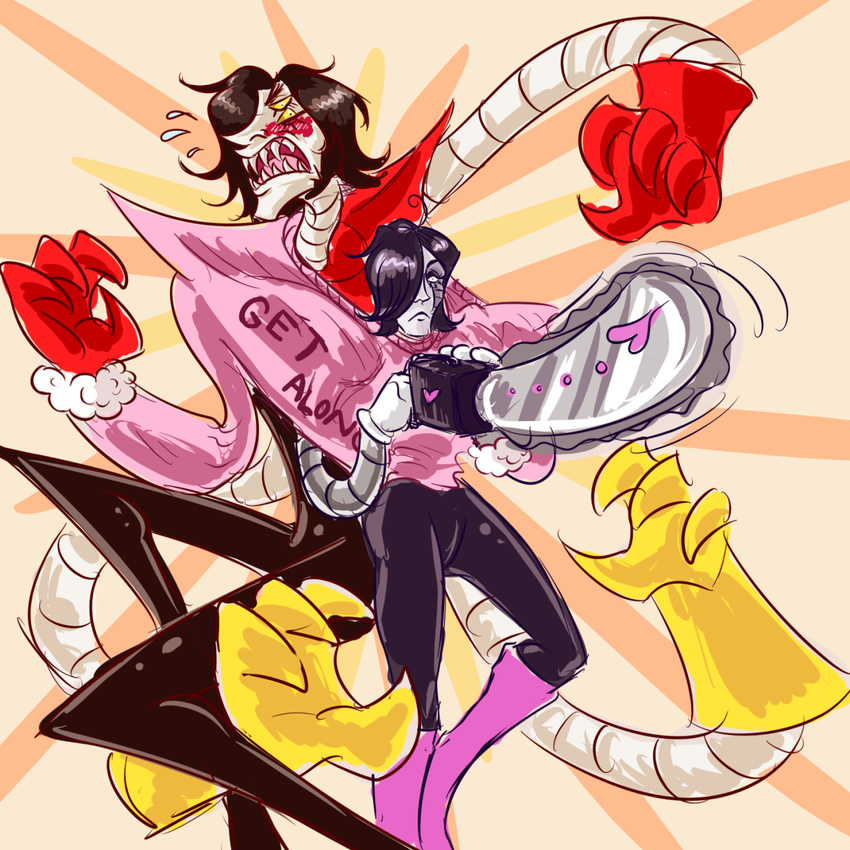 1:1 alternate_universe blush chainsaw clothed clothing digital_media_(artwork) fan_character glistening hair hi_res humanoid long_hair machine male mettaton mettaton_(underfell) mettaton_ex mettaton_ex_(underfell) multi_arm multi_eye multi_limb not_furry open_mouth power_tool robot sharp_teeth teeth tools underfell undertale undertale_(series)