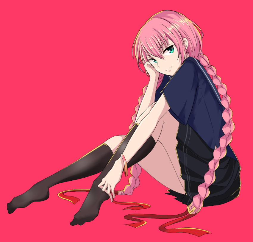 aqua_eyes bangle black_skirt black_socks bracelet braid commentary_request epic_seven female hair_ribbon hand_up jewelry kneehighs knees_up long_hair looking_at_viewer no_shoes pink_background pink_hair red_ribbon ribbon simple_background sitting skirt socks solo tenebria_(epic_seven) twin_braids twomoon very_long_hair