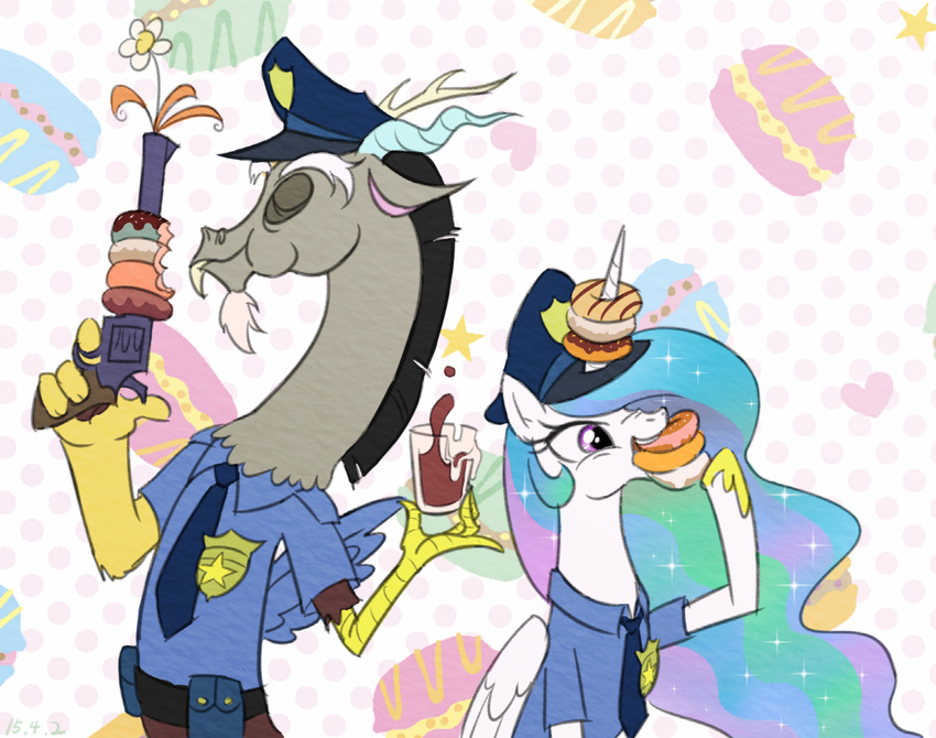 2015 alicorn antlers badge candy centinel303 chimera chocolate chocolate_milk clothing dessert digital_media_(artwork) discord_(mlp) doughnut draconequus duo equid equine fangs feathered_wings feathers female feral flavored_milk flower food friendship_is_magic glass gun handgun hasbro horn male mammal milk my_little_pony mythological_creature mythological_equine mythology pastry plant police police_officer police_officer_eating_donut police_uniform princess_celestia_(mlp) ranged_weapon revolver semi-anthro teeth uniform weapon wings