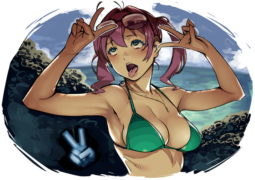 bikini breasts cleavage goggles naav necklace original pink_hair swimsuit twintails