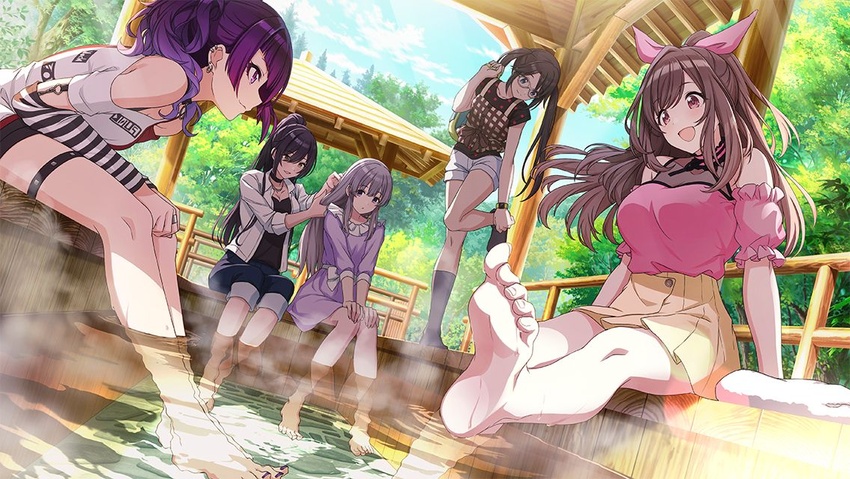 5girls :d architecture arm_warmers ashiyu bare_legs barefoot black_choker black_hair black_shirt black_shorts black_socks blue_eyes blue_pants blunt_bangs blush bow breasts brown_eyes brown_hair brown_tank_top choker closed_mouth clothing_cutout cloud collared_shirt commentary day denim diagonal_bangs dot_mouth dress dutch_angle ear_piercing earrings east_asian_architecture feet foot_bath foreshortening frilled_sleeves frills game_cg glasses grey_hair hairbow hands_on_own_knees high_ponytail idolmaster idolmaster_shiny_colors jeans jewelry knees_together_feet_apart l'antica_(idolmaster) large_breasts layered_shirt leaning_forward long_hair mitsumine_yuika multiple_girls nail_polish off-shoulder_shirt off_shoulder official_art open_mouth outdoors pants pants_rolled_up piercing pink_bow pink_shirt pleated_skirt profile puffy_short_sleeves puffy_sleeves purple_dress purple_eyes purple_hair purple_nails removing_sock shirase_sakuya shirt shirt_tucked_in short_sleeves shorts shoulder_cutout sidelocks sitting skirt smile soaking_feet socks steam striped_arm_warmers studded_thigh_strap tanaka_mamimi tank_top thigh_strap toe_scrunch toenail_polish toenails toes towel tree tsukioka_kogane twintails waist_bow water wet white_shirt white_shorts yellow_eyes yellow_skirt yukoku_kiriko