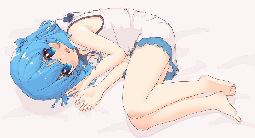 absurdres aoi_tori bare_arms bare_legs bare_shoulders barefoot blue_bow blue_eyes blue_hair blush blush_stickers bow commentary double-parted_bangs dress feet female hair_between_eyes highres legs looking_at_viewer lying medium_hair oerba_yun_fang on_side original shadow sidelocks simple_background skin_fang sleeveless solo teru-chan_(aoi_tori) toes white_background white_dress