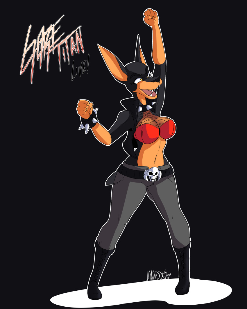 2019 4:5 absurd_res alternative_fashion amhidden anthro bald belt belt_buckle big_breasts black_background black_body black_fur boots bottomwear bra bracelet breasts buckle canid canine canis clothed clothing collar denim denim_bottomwear denim_clothing digital_media_(artwork) dobermann domestic_dog fangs female fishnet_clothing fishnet_topwear footwear full-length_portrait fully_clothed fur grin hi_res jeans jewelry legwear mammal midriff multicolored_body multicolored_fur navel open_mouth orange_body orange_fur pants pinscher portrait punk raised_arm red_clothing red_underwear shirt simple_background smile solo spiked_bracelet spiked_collar spikes standing teeth topwear two_tone_body two_tone_fur underwear vest yellow_eyes