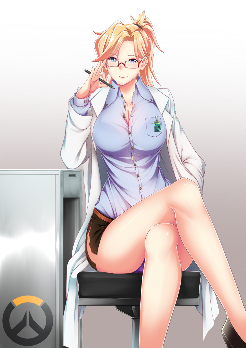 adjusting_eyewear black_skirt blonde_hair blue_eyes blue_shirt blush breast_pocket breasts button_gap buttons chair cleavage closed_mouth coat crossed_legs desk doctor dress_shirt feet_out_of_frame female glasses hair_tie highres holding holding_pencil id_card labcoat large_breasts long_hair long_sleeves looking_at_viewer megatama mercy_(overwatch) miniskirt office_chair open_clothes open_coat overwatch overwatch_(logo) pencil pocket ponytail red-framed_eyewear semi-rimless_eyewear shirt side_slit sitting skirt smile solo white_coat