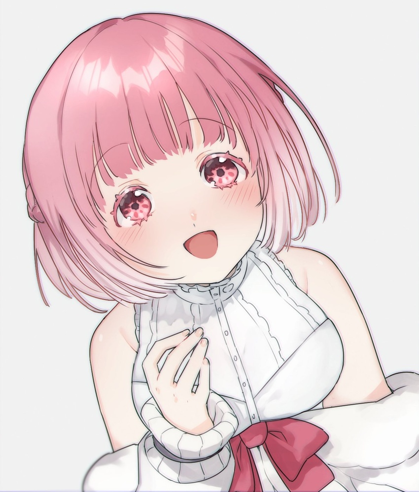 blush bow breasts dress female from_above grey_background highres kingyozaka_meiro looking_up medium_breasts nijisanji off_shoulder open_mouth pink_eyes pink_hair red_bow smile so_nagi_(artist) solo upper_body virtual_youtuber white_dress