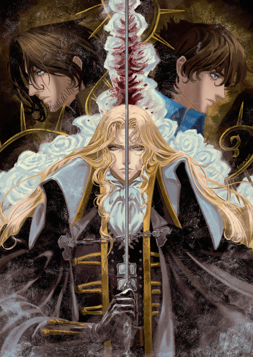 3boys alucard_(castlevania) ascot asturlavi black_gloves blonde_hair blood blood_stain brown_hair castlevania:_nocturne castlevania_(netflix) castlevania_(series) chinstrap_beard cloak eyelashes flower gloves highres holding holding_sword holding_weapon long_hair looking_at_viewer multiple_boys richter_belmont rose scar scar_across_eye sword trevor_c._belmont weapon white_flower white_rose