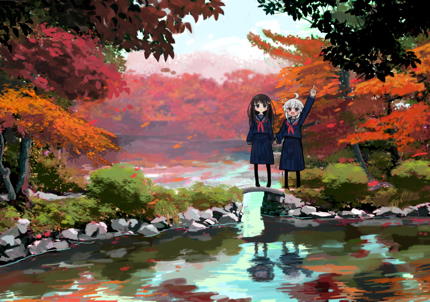 2girls :d :o ahoge akichi_mashiro arm_up autumn autumn_leaves black_eyes black_hair black_legwear blue_sailor_collar blue_serafuku blue_shirt blue_skirt blush commentary_request day grey_hair hair_ornament hairclip highres holding_hands kibisake leaf loafers long_hair long_sleeves maple_leaf multiple_girls neckerchief open_mouth original outdoors pantyhose parted_lips pleated_skirt pointing red_eyes red_neckerchief reflection sailor_collar school_uniform serafuku shirt shoes skirt smile thick_eyebrows torii_koyomi tree water