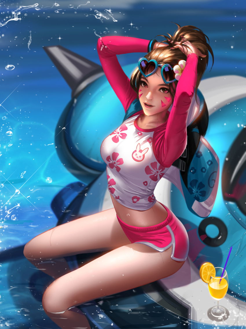 1girls d.va female highres liang_xing meka overwatch solo_female solo_focus sunglasses sunglasses_on_head swimming_trunks waveracer_d.va