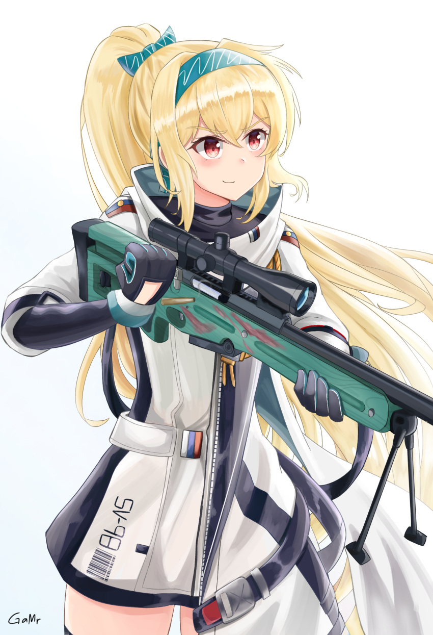 artist_name black_bodysuit blonde_hair bodysuit bolt_action bow commentary_request female gamryous girls'_frontline gloves green_hairband gun hairband hairbow highres jacket long_hair multicolored_clothes multicolored_gloves ponytail red_eyes rifle russian_flag scarf smile sniper_rifle solo sv-98 sv-98_(girls'_frontline) sv-98_(mod3)_(girls'_frontline) thighhighs turtleneck weapon white_jacket white_scarf