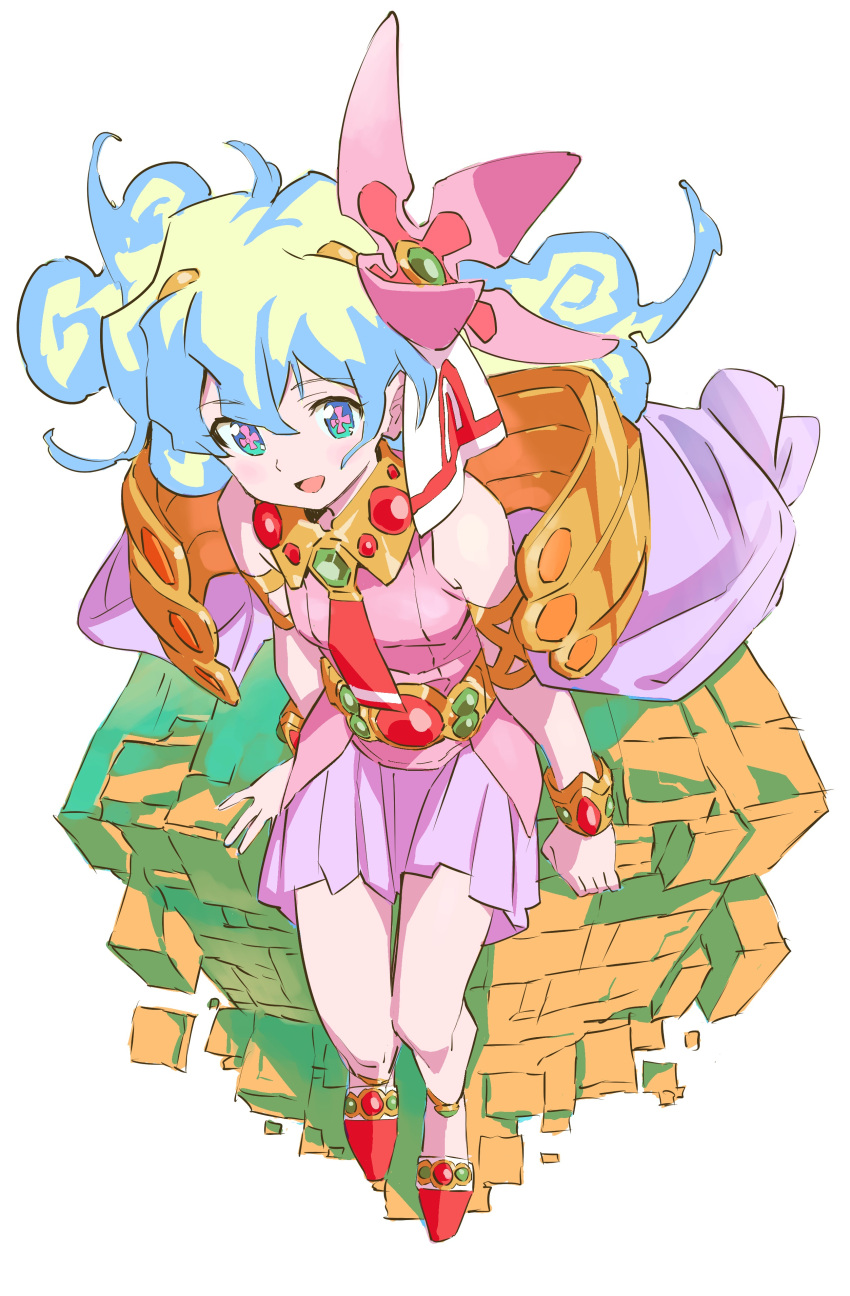 :d absurdres bad_id bad_pixiv_id bare_shoulders belt blonde_hair blue_eyes bracelet cross-shaped_pupils dress female flower full_body gem hair_between_eyes hair_flower hair_ornament highres jewelry kawiochi long_hair looking_at_viewer multicolored_hair necktie nia_teppelin open_mouth pink_dress simple_background sitting sleeveless smile solo symbol-shaped_pupils tengen_toppa_gurren_lagann two-tone_hair very_long_hair white_background