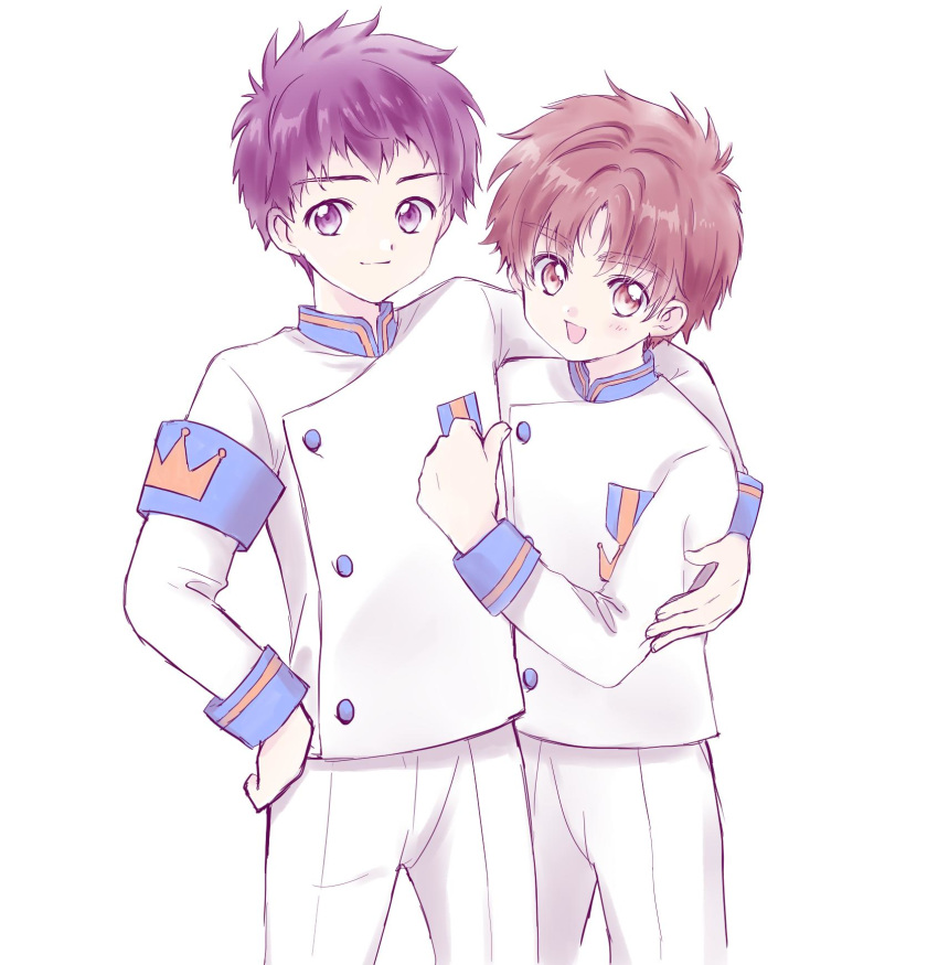 2boys angelic_layer armband blue_sailor_collar brown_hair cardcaptor_sakura closed_mouth commentary_request cosplay creator_connection highres hug kobayashi_kotarou li_syaoran lolicon matching_outfits mokku_(ak0207) multiple_boys multiple_girls open_mouth purple_eyes purple_hair sailor_collar school_uniform short_hair white_background