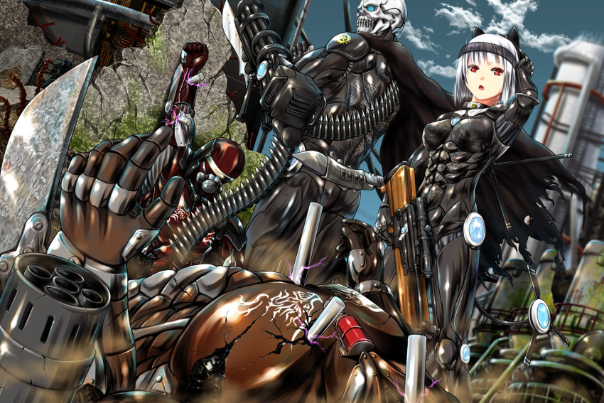 3boys ammunition_belt ano_hito bad_id bad_pixiv_id bayonet cape cyborg damaged female gatling_gun gun headphones highres joints minigun multiple_boys open_mouth original propeller red_eyes rifle robot_joints ruins science_fiction sefirot shiny skull weapon white_hair