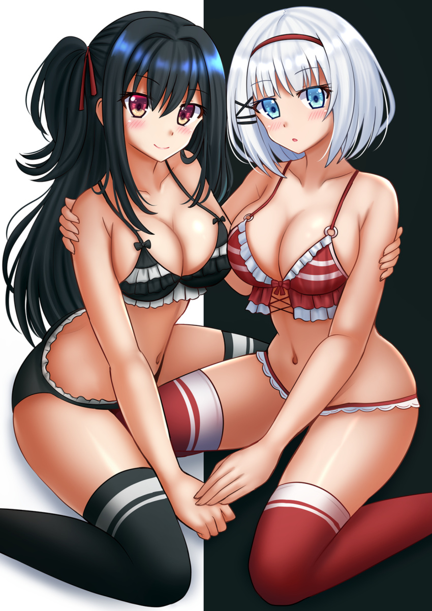 2girls :o bare_arms bare_shoulders bikini black_background black_bikini black_hair black_thighhighs blue_eyes blush breasts closed_mouth commentary feet_out_of_frame frilled_bikini frills hair_between_eyes highres kazenokaze large_breasts long_hair multiple_girls natsunagi_nagisa navel one_side_up parted_lips red_bikini red_eyes red_legwear shadow siesta_(tantei_wa_mou_shindeiru) sitting smile striped_bikini striped_clothes swimsuit tantei_wa_mou_shindeiru thighhighs two-tone_background very_long_hair wariza white_background white_hair