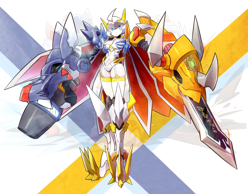 absurdres armor bingshan breasts cannon cape closed_mouth digimon digimon_adventure digimon_adventure:_bokura_no_war_game female full_body genderswap_(mtf) green_eyes helmet highres humanization leotard lightning_bolt_symbol looking_at_viewer mecha_musume medium_breasts omegamon red_cape rule_63 shoulder_armor shoulder_spikes solo spiked_boots spikes split_mouth standing sword weapon