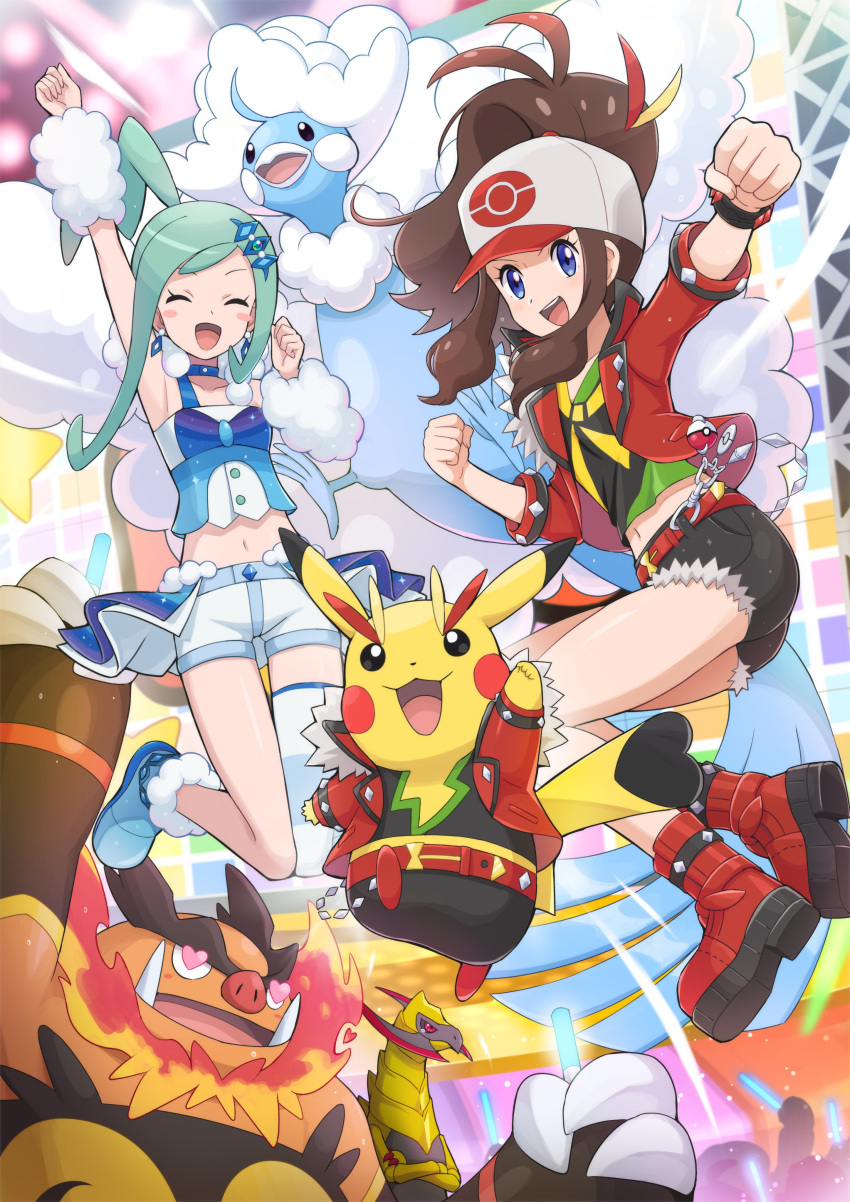 2girls absurdres altaria antenna_hair arm_up baseball_cap beak bird blue_eyes blue_feathers blush blush_stickers boots brendan_(pokemon) brendan_(pokemon)_(cosplay) brown_hair clenched_hands closed_eyes commentary_request cosplay cosplay_pikachu emboar eyelashes feathers floating_hair fluffy glowstick green_hair happy hat haxorus heart heart-shaped_eyes highres hilda_(pokemon) jacket lisia_(pokemon) long_hair mega_altaria mega_pokemon multicolored_hair multiple_girls navel open_mouth pikachu pikachu_rock_star pokemoa pokemon pokemon_(creature) pokemon_bw pokemon_masters_ex pokemon_oras ponytail red_footwear red_jacket shoes short_shorts shorts sidelocks single_thighhigh smile streaked_hair thighhighs tongue white_feathers