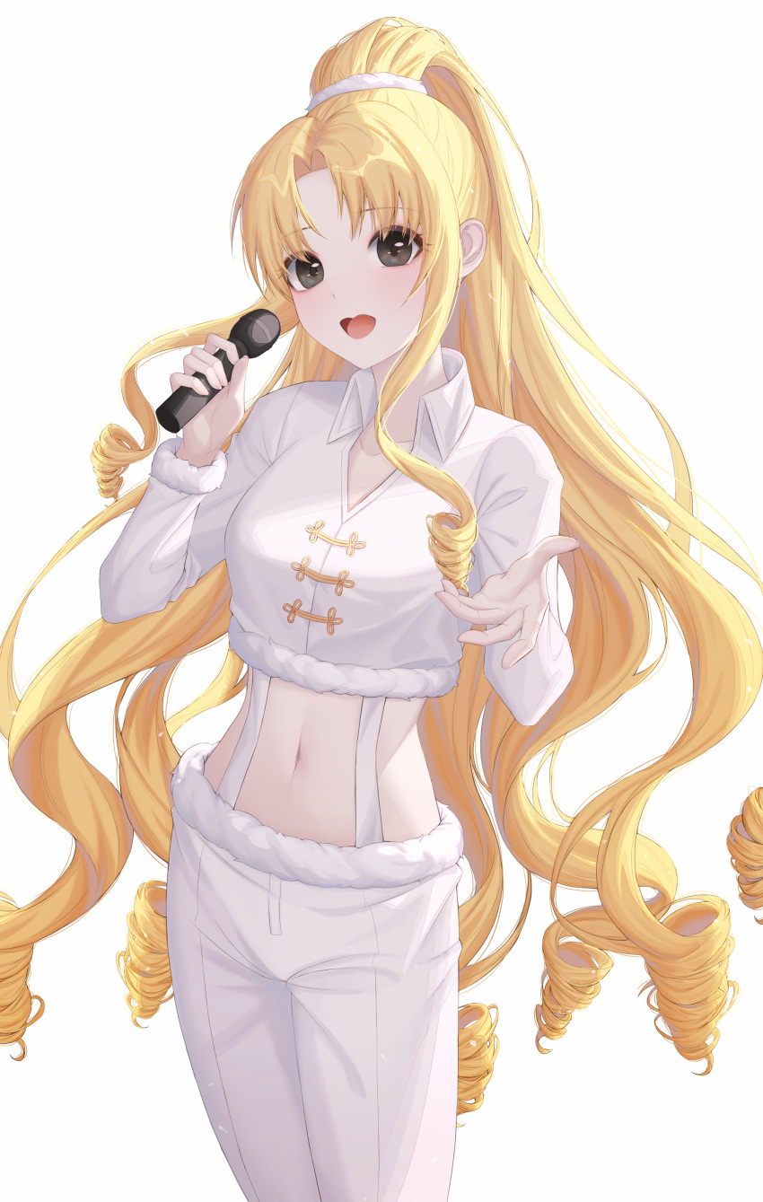 :d absurdres black_eyes blonde_hair blush breasts collared_shirt crop_top cropped_shirt drill_hair drill_sidelocks feet_out_of_frame female full_moon_(full_moon_wo_sagashite) full_moon_wo_sagashite fur-trimmed_legwear fur-trimmed_pants fur-trimmed_shirt fur-trimmed_sleeves fur_trim hair_ornament hair_scrunchie highres holding holding_microphone korean_commentary kouyama_mitsuki long_hair long_sleeves looking_at_viewer medium_breasts microphone midriff music navel open_mouth pants parted_bangs ppiya scrunchie shirt sidelocks simple_background singing smile solo split_ponytail standing stomach suspenders very_long_hair white_background white_legwear white_pants white_shirt wide_ponytail