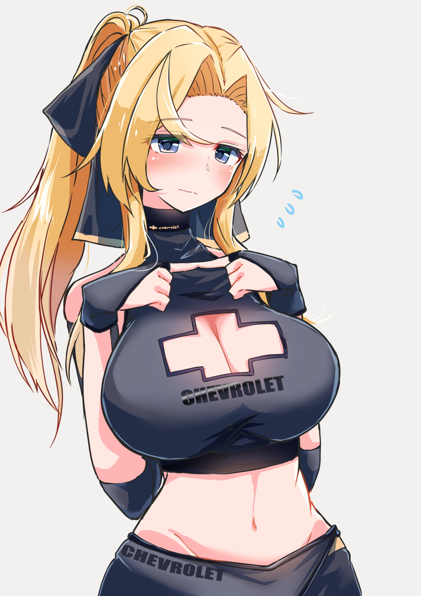 absurdres alternate_costume alternate_hairstyle black_gloves black_skirt blonde_hair breasts chevrolet cleavage commentary_request cowboy_shot crop_top cross_cutout female flying_sweatdrops gloves grey_background grey_eyes highres hornet_(kancolle) index_fingers_together kantai_collection komb large_breasts long_hair looking_at_viewer midriff navel partially_fingerless_gloves ponytail race_queen simple_background skirt solo