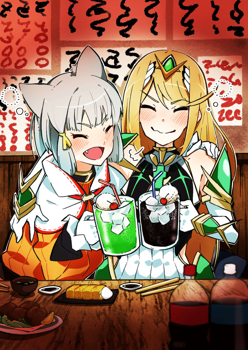 2girls absurdres animal_ears arm_around_shoulder blonde_hair blush cat_ears chopsticks cup drinking_glass drunk food gloves grey_hair highena highres multiple_girls mythra_(xenoblade) nia_(xenoblade) oerba_yun_fang open_mouth smile squeans table tiara white_gloves xenoblade_chronicles_(series) xenoblade_chronicles_2