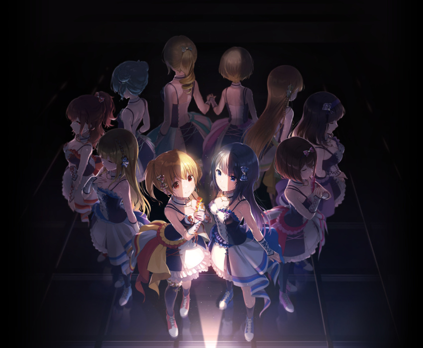 6+girls album_cover asymmetrical_legwear back bare_shoulders black_legwear blonde_hair blue_eyes blue_hair bow braid breasts brown_hair circle_formation cleavage closed_eyes cover crack_of_light crown_braid detached_collar double_bun dress drill_hair facing_away frilled_dress frilled_legwear frills from_above full_body hair_bun hair_ornament hairband hairbow hand_on_own_chest hayasaka_mei highres holding_hands hyodou_shizuku ibuki_nagisa ichinose_rei idol idoly_pride kawasaki_sakura_(idoly_pride) long_hair looking_at_viewer looking_up medium_hair multiple_girls nagase_kotono narumiya_suzu official_art own_hands_together ponytail qp:flapper red_eyes saeki_haruko_(idoly_pride) shiraishi_chisa shiraishi_saki shoes short_hair side_braids sidelocks sleeveless sleeveless_dress smile sneakers socks standing sweat textless_version thighhighs twintails uneven_legwear very_sweaty wet yellow_eyes