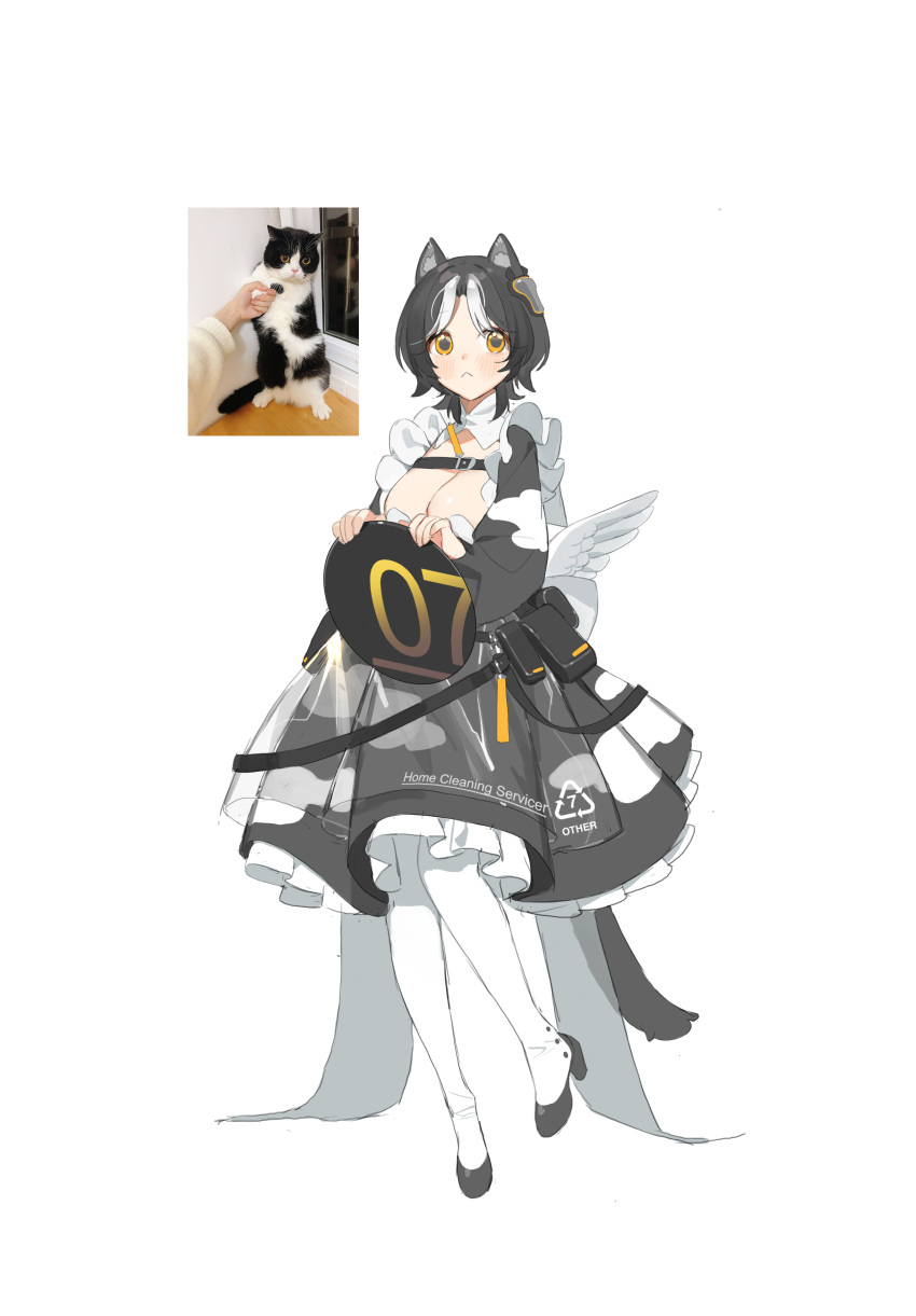 :< absurdres animal_ears apron bahao_diqiu black_dress black_footwear blush breasts cat_ears cat_girl cat_tail chest_strap cleavage cleavage_cutout clothing_cutout commentary dress feathered_wings feline female full_body high_heels highres large_breasts looking_at_viewer low_wings maid maid_apron multicolored_hair orange_eyes original pantyhose petticoat photo_inset reference_inset see-through see-through_apron short_hair simple_background solo standing standing_on_one_leg streaked_hair tachi-e tail tray white_background white_hair white_pantyhose wings