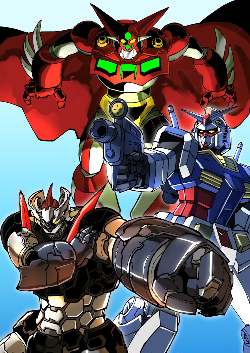 amakawa_mayu cape clenched_hand crossover getter-1 getter_robo green_eyes gun gundam highres holding holding_gun holding_weapon mazinger_(series) mazinger_z mazinger_z:_infinity mazinger_z_(mecha) mecha mobile_suit mobile_suit_gundam multiple_crossover open_hands red_cape robot rx-78-2 science_fiction shin_getter_robo super_robot super_robot_wars super_robot_wars_30 v-fin weapon yellow_eyes