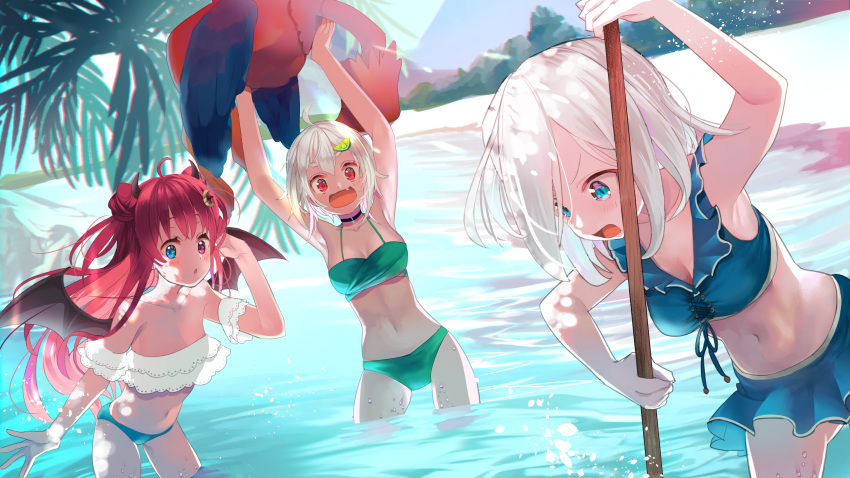 3girls :o animal ars_almal bikini bird blue_bikini blue_eyes breasts dark-skinned_female dark_skin demon_wings double_bun eyebrows_hidden_by_hair flat_chest food-themed_hair_ornament green_bikini hair_bun hair_ornament hayama_marin highres holding holding_animal lime_hair_ornament long_hair medium_breasts midriff multiple_girls navel nijisanji oerba_yun_fang open_mouth outdoors raft_(game) red_eyes red_hair short_hair strapless swimsuit tube_top v-shaped_eyebrows virtual_youtuber water white_hair wings yuzuki_roa zgpwlm