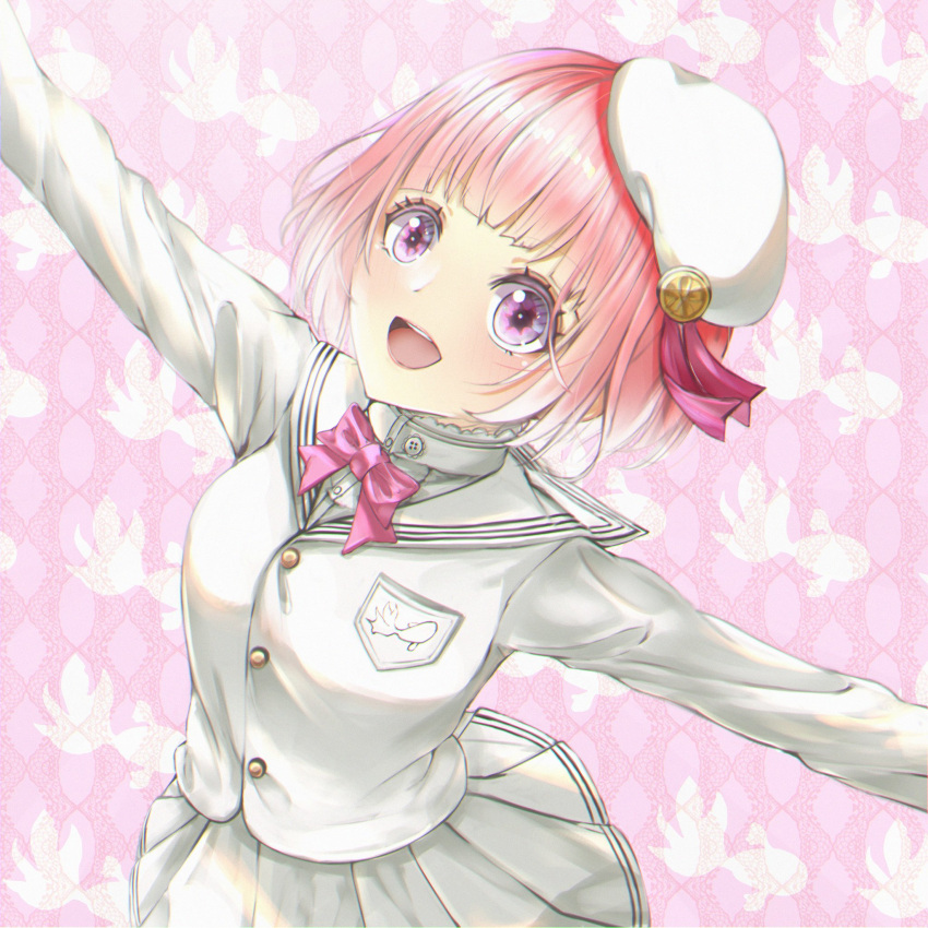 bow female highres horo_27 jacket kingyozaka_meiro looking_at_viewer nijisanji open_mouth outstretched_arms pink_bow pink_hair purple_eyes sailor_collar shirt short_hair skirt smile solo virtual_youtuber white_headwear white_jacket white_shirt white_skirt