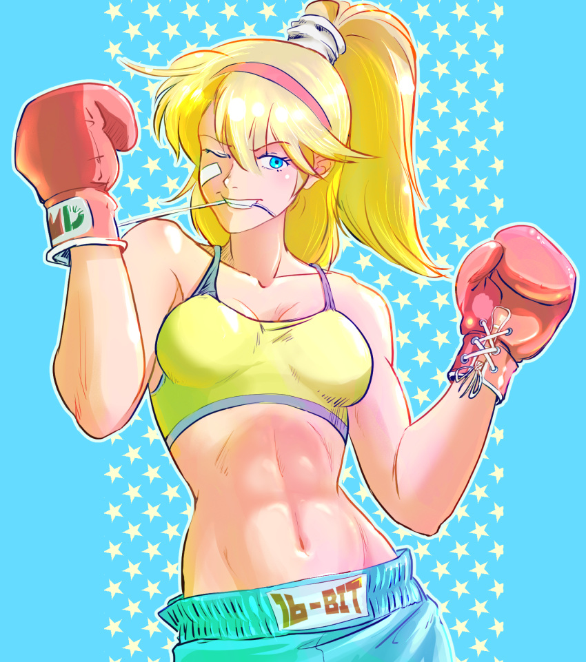 abs bandaid bandaid_on_cheek bandaid_on_face battle_mania bb9_megadrive biting blonde_hair blue_eyes blue_shorts boxing_gloves boxing_shorts breasts cleavage commentary_request female grin hairband high_ponytail highres medium_breasts muscular muscular_female navel one_eye_closed ootorii_mania red_hairband shorts smile solo sports_bra starry_background upper_body yellow_sports_bra