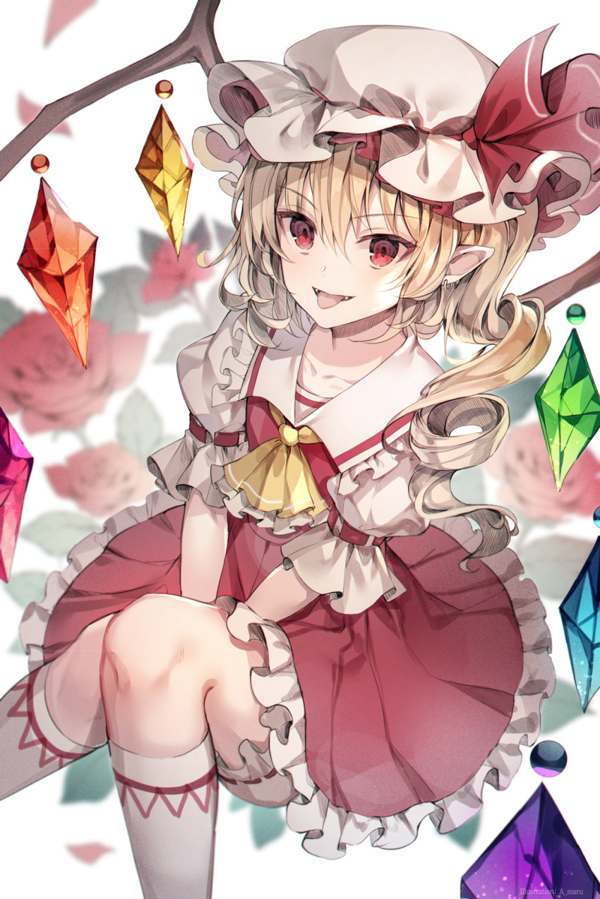 :p a_maru artist_name bad_id bad_pixiv_id blonde_hair bloomers collarbone commentary crystal earrings fangs female flandre_scarlet floral_background flower hat highres jewelry kneehighs long_hair looking_at_viewer mob_cap one_side_up open_mouth pointy_ears puffy_short_sleeves puffy_sleeves red_eyes red_flower red_rose red_skirt rose short_sleeves skirt smile socks solo symbol-only_commentary tongue tongue_out touhou underwear white_background white_hat white_socks wings