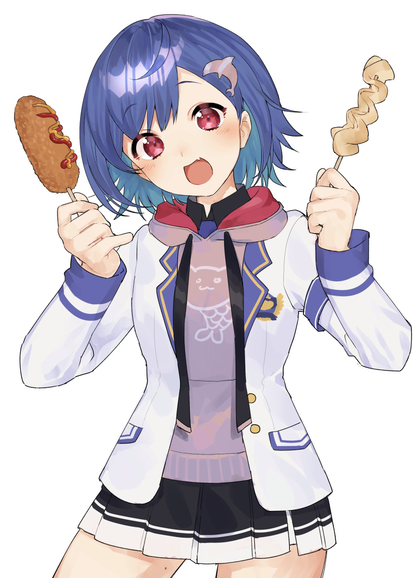 absurdres black_shirt black_skirt blazer blue_hair blue_necktie blush collared_shirt corn_dog dolphin_hair_ornament drawstring female food grey_hoodie hair_behind_ear highres holding holding_food hood hoodie jacket looking_at_viewer necktie nijisanji nishizono_chigusa nishizono_chigusa_(1st_costume) red_eyes school_uniform selene_girls_school_uniform shirt short_hair skirt smile so_nagi_(artist) solo virtual_youtuber white_hoodie