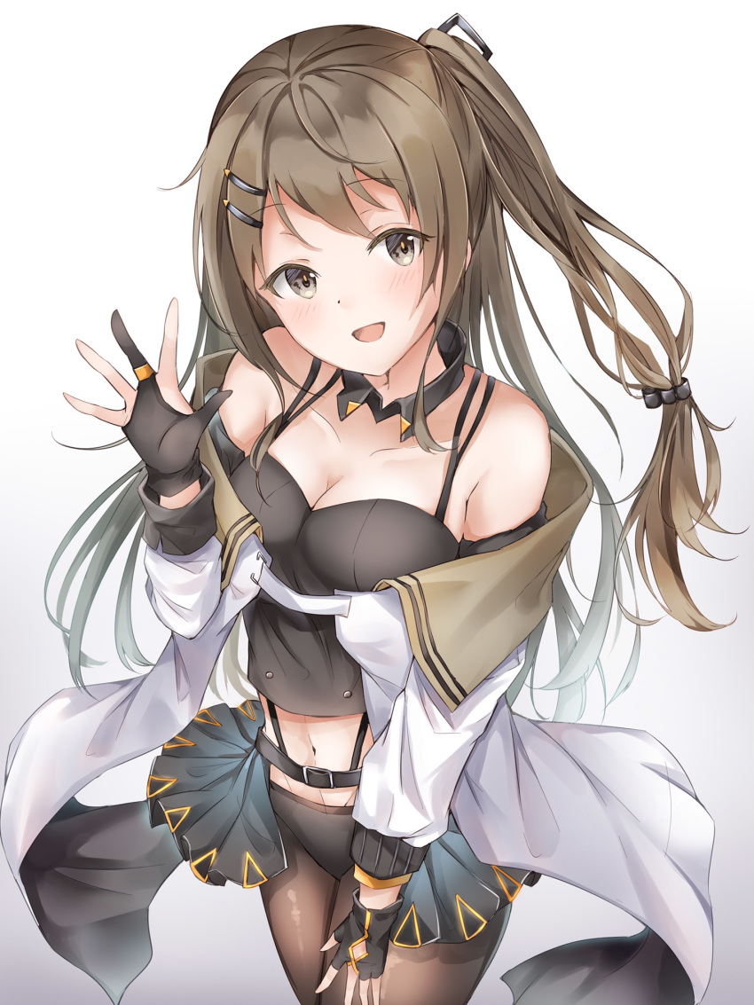 blush breasts brown_eyes brown_hair choker cleavage collarbone commentary female girls'_frontline highres jewelry k2_(girls'_frontline) long_hair looking_at_viewer open_mouth poe_(528yuzunon) ring showgirl_skirt solo thighhighs undershirt white_background