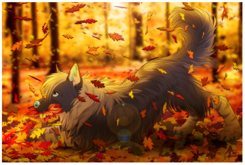 2018 ambiguous_gender ass_up autumn avoid_posting blue_eyes blue_nose blurred_background border canid canine canis claws day detailed_background digital_media_(artwork) digitigrade domestic_dog falling_leaves feral forest fur heathenfang hi_res leaf lens_flare long_fur mammal object_in_mouth outside paws plant play_bow_pose playful raised_tail side_view snout solo striped_body striped_fur stripes tail tree white_border