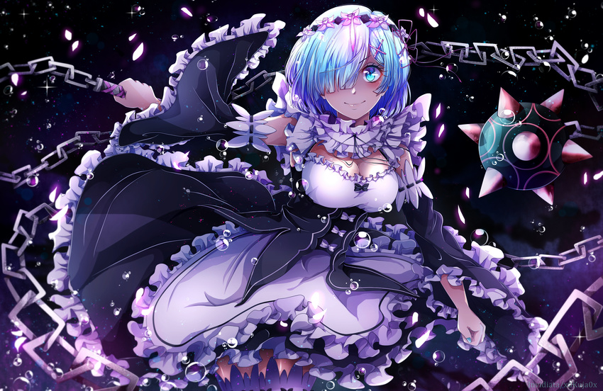 absurdres blue_eyes blue_hair breasts bubble chains cherry_blossoms cleavage commentary_request cowboy_shot detached_sleeves dress female hair_over_one_eye head_wreath highres holding holding_weapon invidiata maid medium_breasts re:zero_kara_hajimeru_isekai_seikatsu rem_(re:zero) ribbon-trimmed_sleeves ribbon_trim roswaal_mansion_maid_uniform short_hair smile solo standing thighhighs weapon