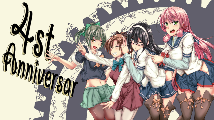 4girls ^_^ akashi_(kancolle) akigumo_(kancolle) anniversary black_hair black_serafuku blue_bow blue_bowtie blue_eyes blue_shirt blue_skirt bow bowtie brown_eyes brown_hair brown_legwear brown_ribbon closed_eyes commentary_request dress english_text engrish_text f-rhine green_bow green_eyes green_hair green_skirt grin hair_ribbon hairband hairbow highres kantai_collection long_hair long_sleeves multiple_girls one_eye_closed ooyodo_(kancolle) open_mouth pantyhose pink_hair pleated_skirt ponytail purple_dress ranguage ribbon school_uniform serafuku shirt short_sleeves skirt sleeveless sleeveless_dress smile thighhighs white_hairband white_shirt yuubari_(kancolle)