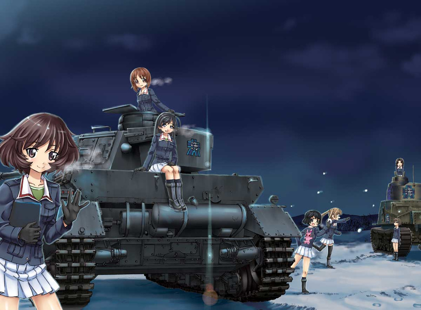 6+girls akiyama_yukari black_hair black_socks black_thighhighs blue_eyes boots brown_eyes brown_hair caterpillar_tracks clipboard cloud cold commentary_request emblem girls_und_panzer gloves holding isuzu_hana jacket lens_flare long_hair looking_at_viewer looking_back m3_lee maruyama_saki medium_tank military military_uniform military_vehicle miniskirt motor_vehicle multiple_girls nishizumi_miho ooarai_(emblem) ooarai_military_uniform oono_aya open_mouth panzer_iv pleated_skirt saitaniya_ryouichi sawa_azusa short_hair sitting skirt smile snow snowball snowball_fight socks standing tank thighhighs uniform utsugi_yuuki waving