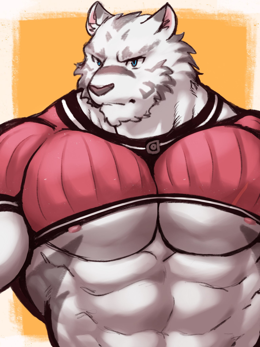 2017 3:4 abs anthro biceps big_muscles blue_eyes clothed clothing felid fur grimoire_of_zero hi_res istani kemono male mammal mercenary_(grimoire_of_zero) muscular muscular_anthro muscular_male nipples pantherine pecs simple_background solo stripes tiger white_body white_fur