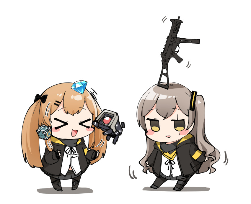 >_< 2girls :3 :d armband balancing balancing_on_head black_gloves black_jacket black_pantyhose blush blush_stickers brown_hair chibi closed_eyes commentary core_(girls'_frontline) cube detergent diamond_(gemstone) dinergate_(girls'_frontline) fingerless_gloves girls'_frontline gloves grey_hair gun hair_ornament hairclip highres hood hood_down hooded_jacket jacket juggling junsuina_fujunbutsu long_hair looking_at_viewer multiple_girls non-humanoid_robot object_on_head one_side_up open_clothes open_jacket open_mouth pantyhose robot sangvis_ferri scar scar_across_eye scar_on_face simple_background smile submachine_gun twintails ump45_(girls'_frontline) ump9_(girls'_frontline) weapon white_background xd yellow_armband