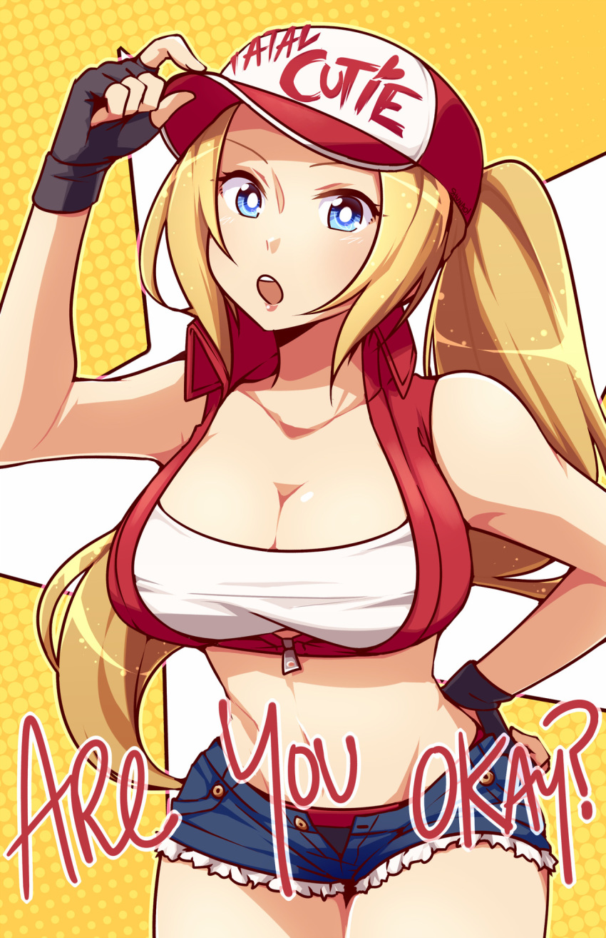 bare_shoulders blonde_hair blue_eyes breasts cleavage collarbone commentary cowboy_shot crop_top denim denim_shorts english english_commentary fatal_fury fingerless_gloves genderswap_(mtf) gloves hand_on_hip hat highres large_breasts long_hair lyn_(shunao) navel open_mouth panties polka_dot polka_dot_background ponytail rule_63 short_shorts shorts snk_heroines:_tag_team_frenzy terry_bogard unbuttoned underwear white_pupils yellow_background zipper