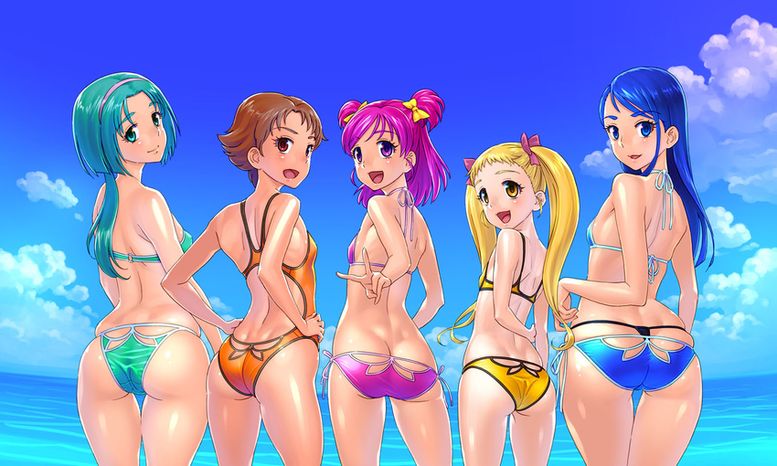 5girls akimoto_komachi aqua_bikini aqua_eyes aqua_hair arm_behind_back arms_at_sides ass bare_arms bare_shoulders beach bikini blonde_hair blue_bikini blue_eyes blue_hair bow breasts brown_eyes brown_hair butt_crack cloud commentary_request covered_nipples cowboy_shot day fisheye flipped_hair from_behind hairband hairbow halterneck highres kasugano_urara_(yes!_precure_5) light_smile lineup lips long_hair looking_at_viewer looking_back lowleg lowleg_bikini minazuki_karen multiple_girls natsuki_rin one-piece_swimsuit open_mouth orange_one-piece_swimsuit outdoors photoshop_(medium) ponytail precure purple_bikini purple_eyes purple_hair red-p ribbon shiny_skin short_hair side-tie_bikini_bottom skindentation sky small_breasts smile swept_bangs swimsuit thigh_gap thighs tongue twintails two_side_up water yellow_bikini yellow_eyes yellow_ribbon yes!_precure_5 yes!_precure_5_gogo! yumehara_nozomi